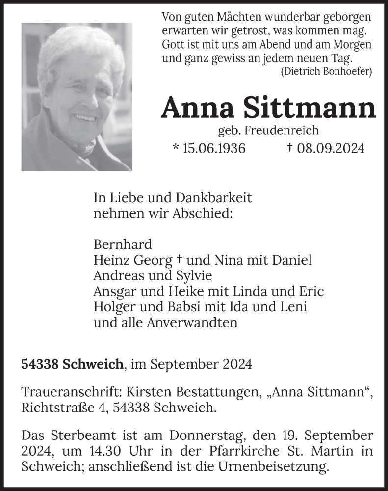  Traueranzeige für Anna Sittmann vom 14.09.2024 aus trierischer_volksfreund