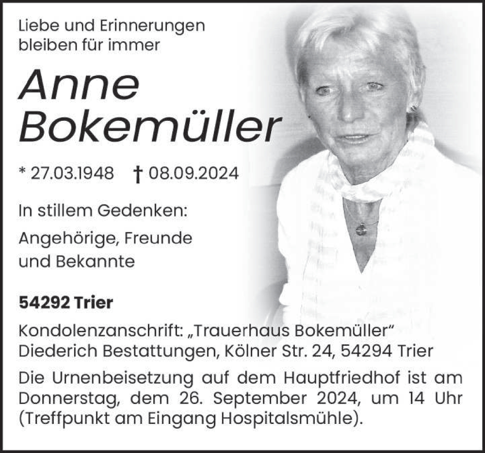  Traueranzeige für Anne Bokemüller vom 21.09.2024 aus trierischer_volksfreund