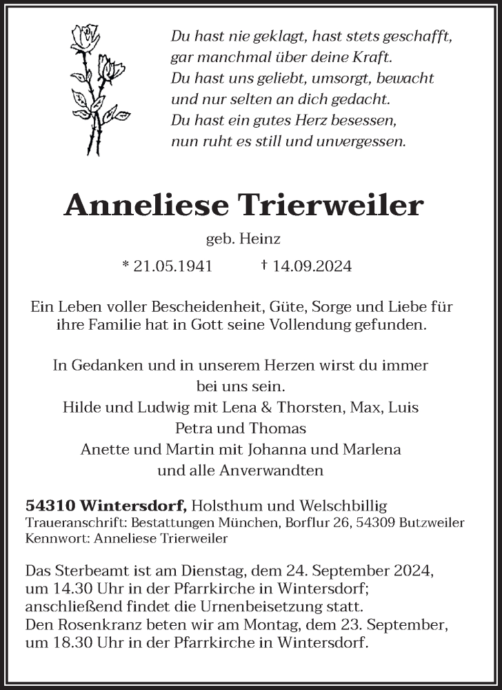  Traueranzeige für Anneliese Trierweiler vom 21.09.2024 aus trierischer_volksfreund