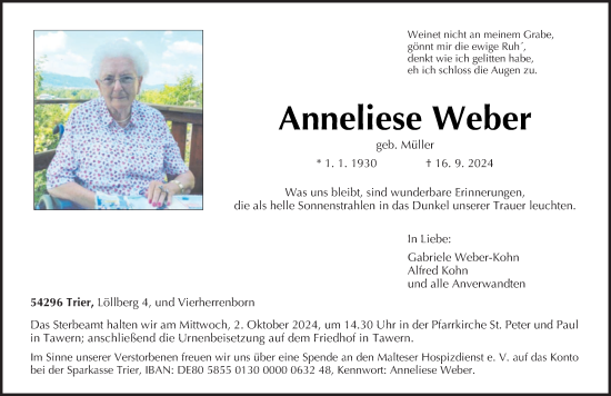 Traueranzeige von Anneliese Weber von trierischer_volksfreund