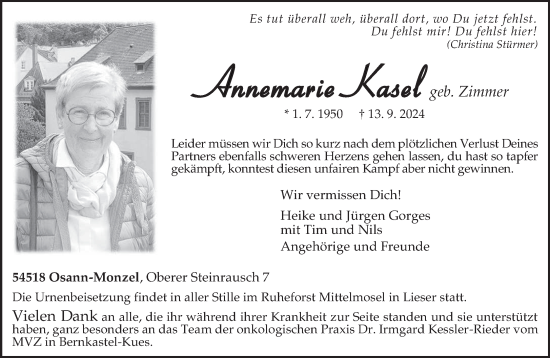 Traueranzeige von Annemarie Kasel von trierischer_volksfreund