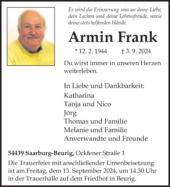 Traueranzeige von Armin Frank von trierischer_volksfreund