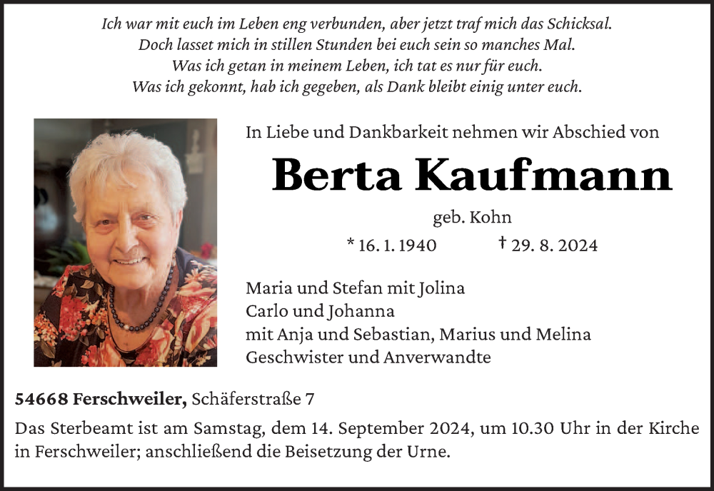  Traueranzeige für Berta Kaufmann vom 07.09.2024 aus trierischer_volksfreund