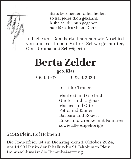 Traueranzeige von Berta Zelder von trierischer_volksfreund