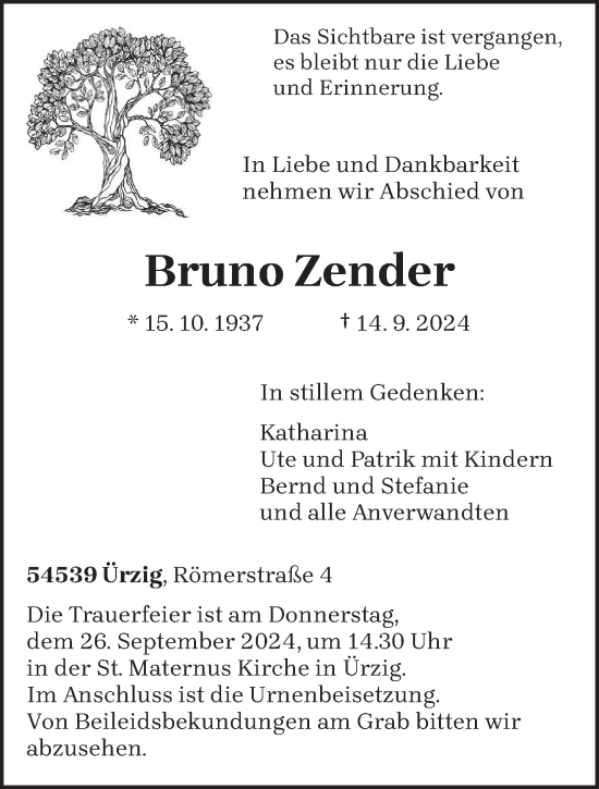 Traueranzeige von Bruno Zender von trierischer_volksfreund