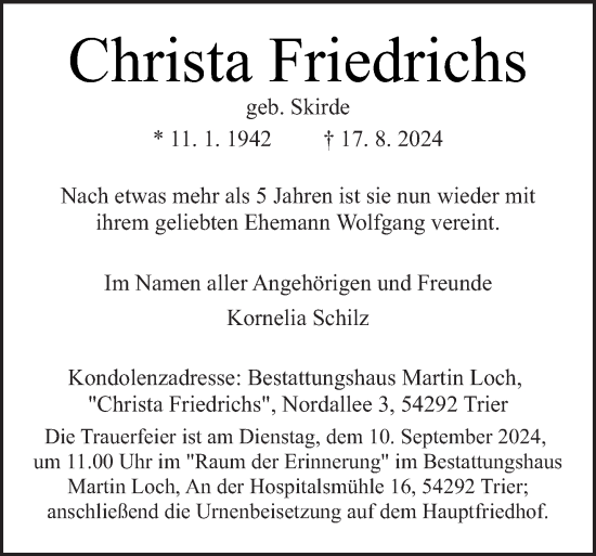 Traueranzeige von Christa Friedrichs von trierischer_volksfreund