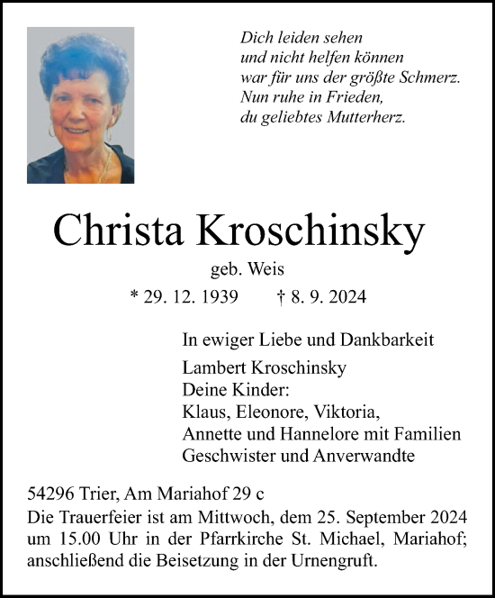 Traueranzeige von Christa Kroschinsky von trierischer_volksfreund