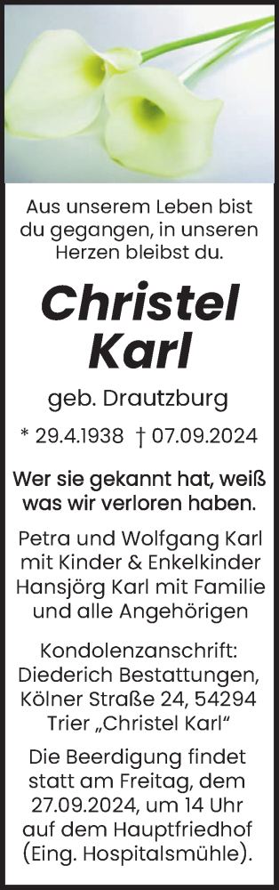 Traueranzeige von Christel Karl von trierischer_volksfreund