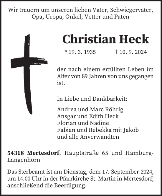 Traueranzeige von Christian Heck von trierischer_volksfreund