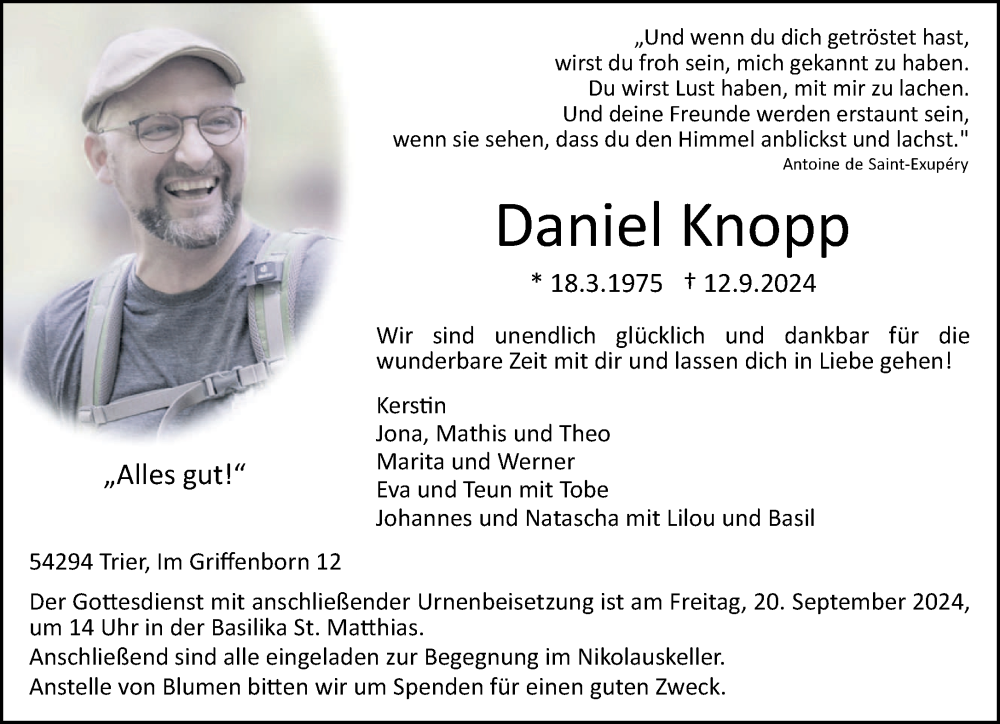  Traueranzeige für Daniel Knopp vom 17.09.2024 aus trierischer_volksfreund