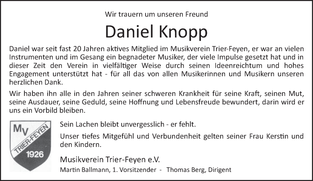  Traueranzeige für Daniel Knopp vom 17.09.2024 aus trierischer_volksfreund