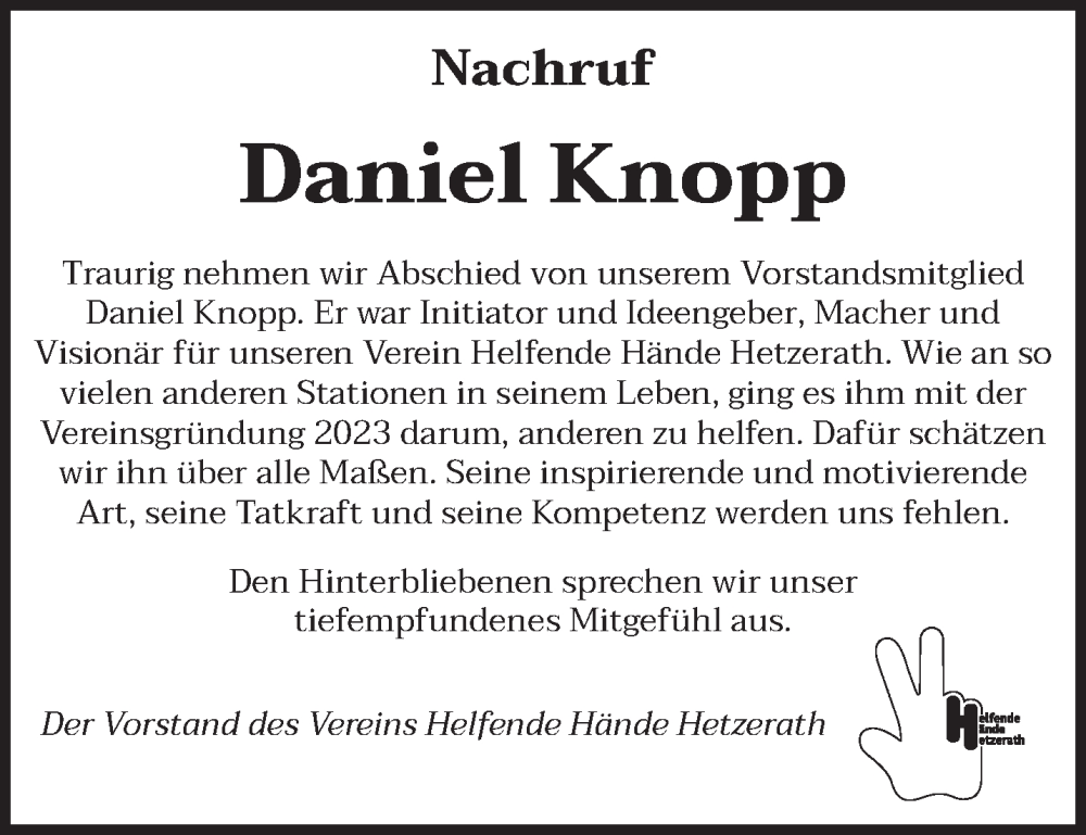  Traueranzeige für Daniel Knopp vom 18.09.2024 aus trierischer_volksfreund