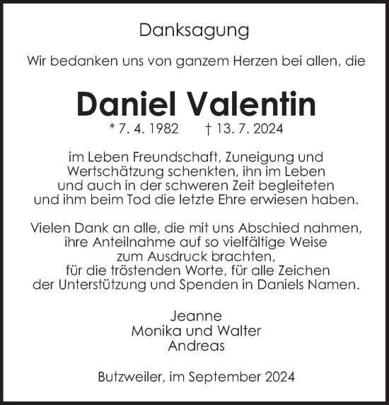Traueranzeige von Daniel Valentin von trierischer_volksfreund