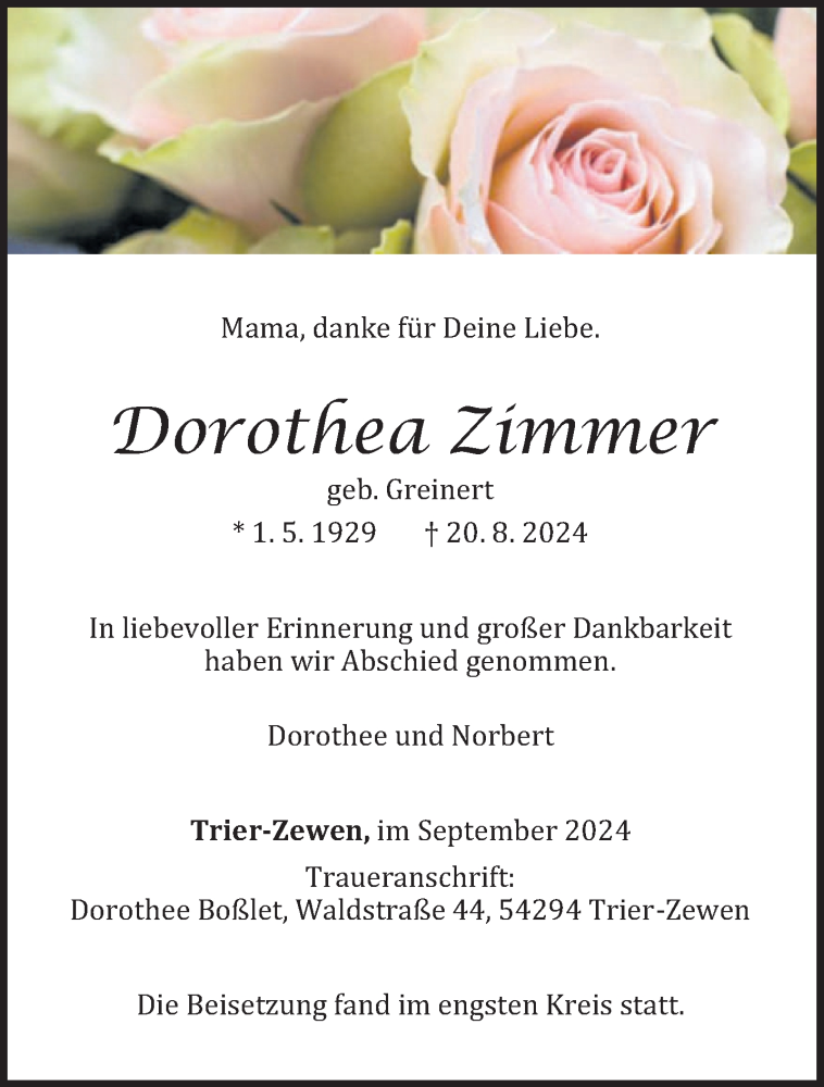  Traueranzeige für Dorothea Zimmer vom 07.09.2024 aus trierischer_volksfreund