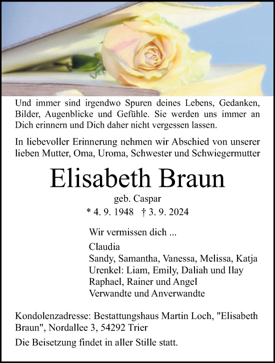 Traueranzeige von Elisabeth Braun von trierischer_volksfreund