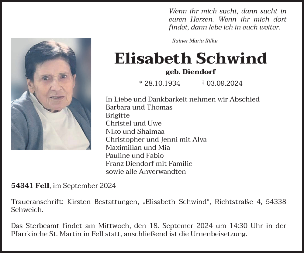  Traueranzeige für Elisabeth Schwind vom 14.09.2024 aus trierischer_volksfreund