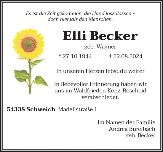 Traueranzeige von Elli Becker von trierischer_volksfreund