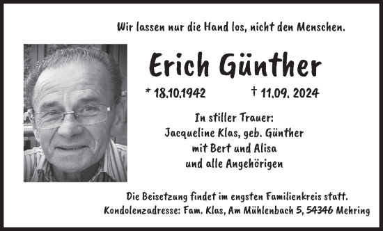 Traueranzeige von Erich Günther von trierischer_volksfreund