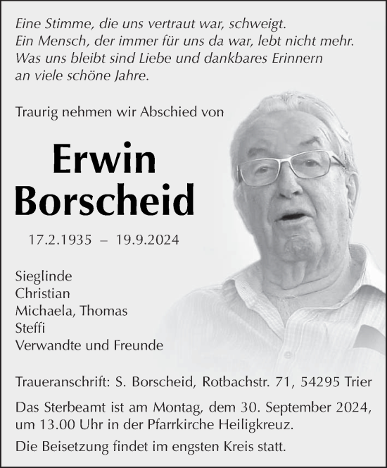 Traueranzeige von Erwin Borscheid von trierischer_volksfreund