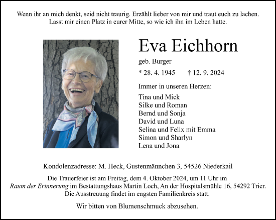 Traueranzeige von Eva Eichhorn von trierischer_volksfreund