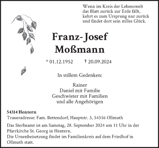 Traueranzeige von Franz-Josef Moßmann von trierischer_volksfreund