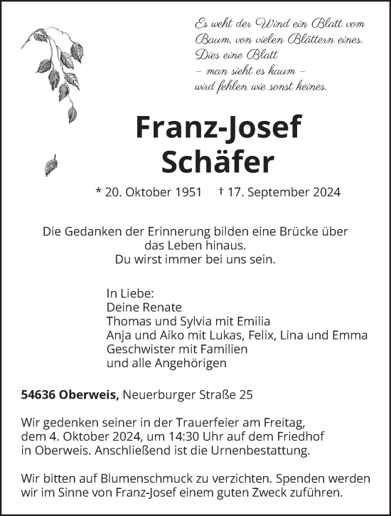 Traueranzeige von Franz-Josef Schäfer von trierischer_volksfreund