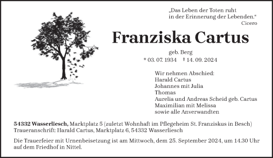 Traueranzeige von Franziska Cartus von trierischer_volksfreund