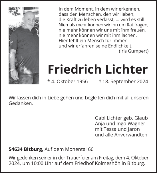 Traueranzeige von Friedrich Lichter von trierischer_volksfreund