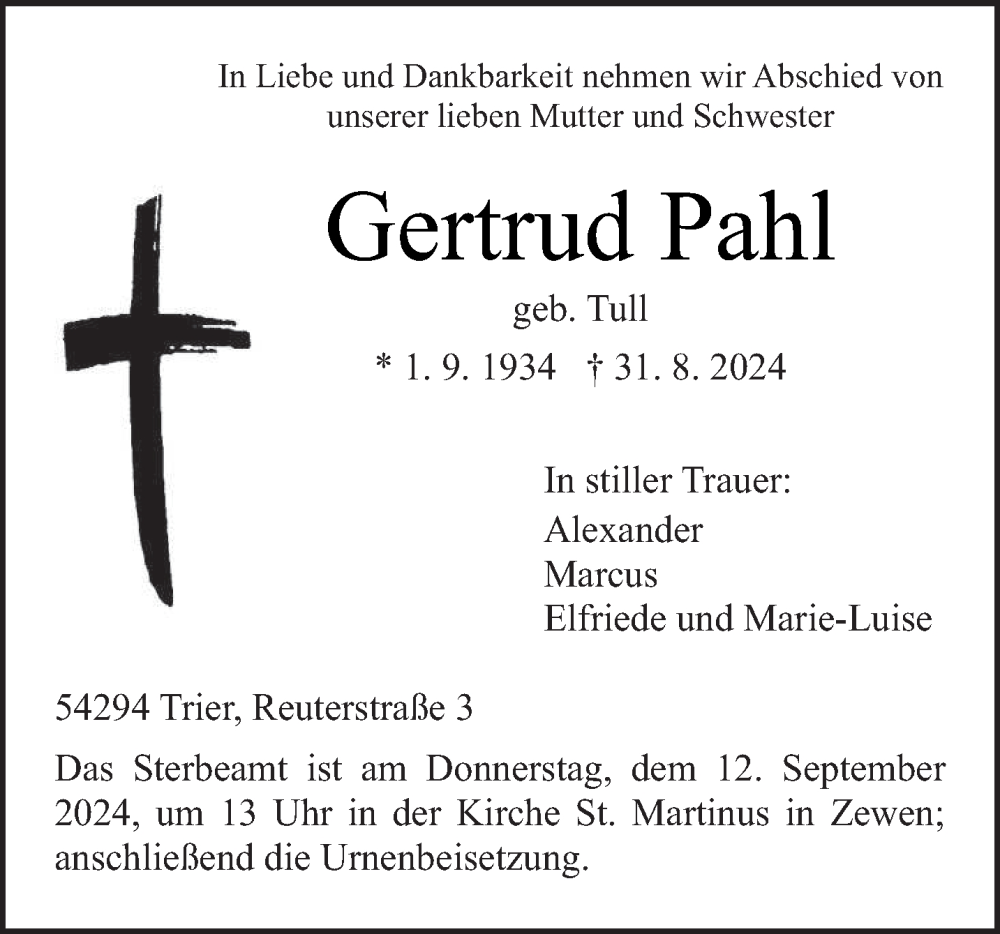  Traueranzeige für Gertrud Pahl vom 07.09.2024 aus trierischer_volksfreund