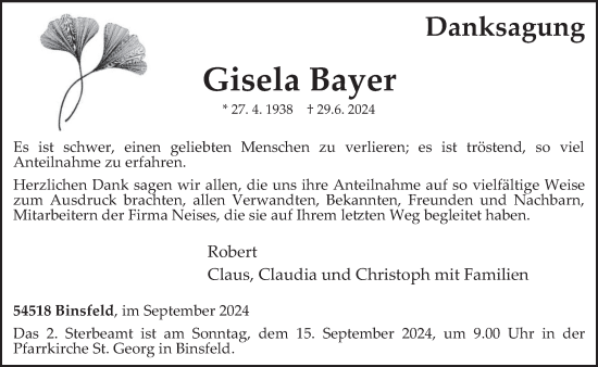 Traueranzeige von Gisela Bayer von trierischer_volksfreund