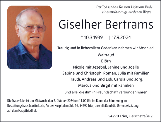 Traueranzeige von Giselher Bertrams von trierischer_volksfreund