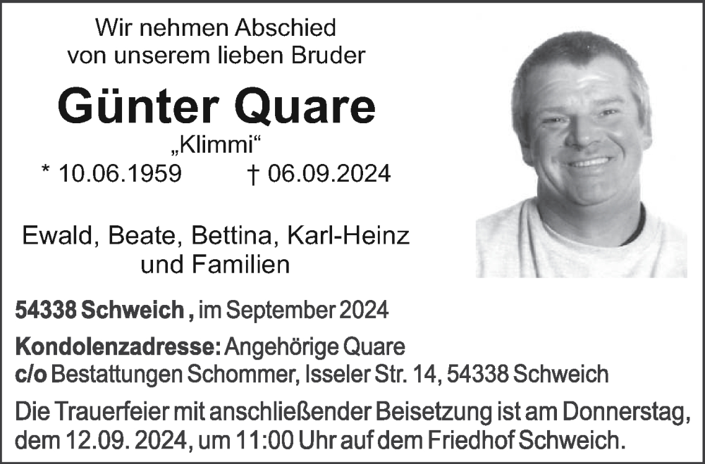  Traueranzeige für Günter Quare vom 11.09.2024 aus trierischer_volksfreund