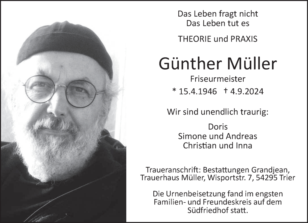 Traueranzeige für Günther Müller vom 21.09.2024 aus trierischer_volksfreund