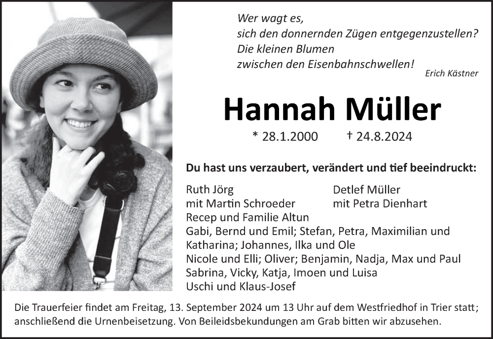  Traueranzeige für Hannah Müller vom 07.09.2024 aus trierischer_volksfreund