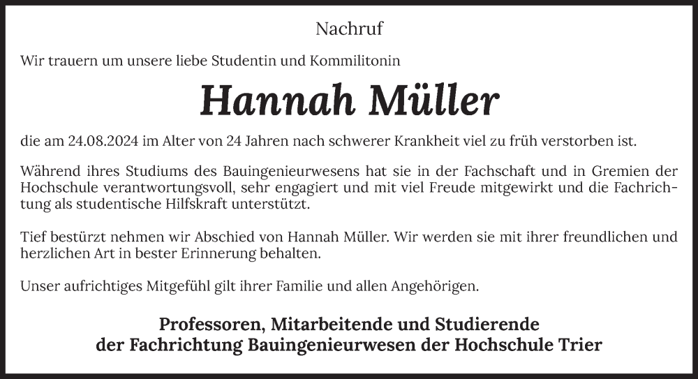  Traueranzeige für Hannah Müller vom 07.09.2024 aus trierischer_volksfreund