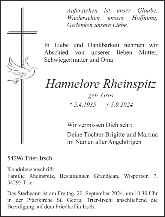 Traueranzeige von Hannelore Rheinspitz von trierischer_volksfreund