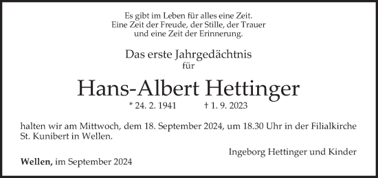 Traueranzeige von Hans-Albert Hettinger von trierischer_volksfreund