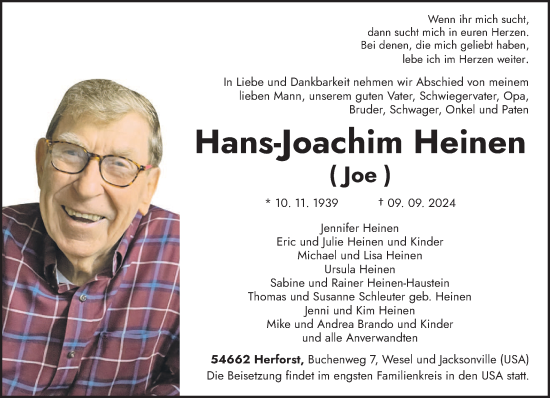 Traueranzeige von Hans-Joachim Heinen von trierischer_volksfreund