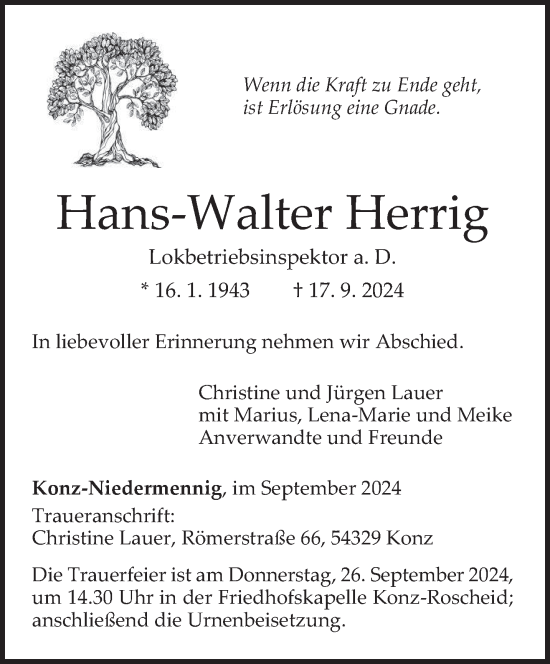 Traueranzeige von Hans-Walter Herrig von trierischer_volksfreund