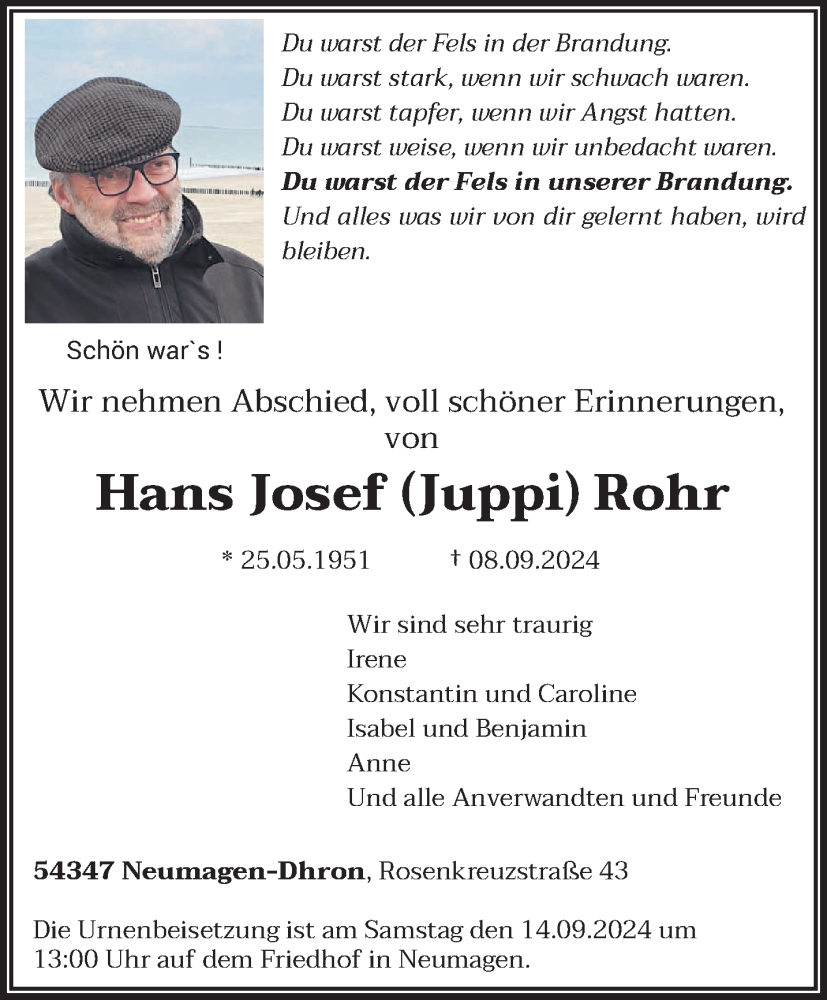  Traueranzeige für Hans Josef  Rohr vom 11.09.2024 aus trierischer_volksfreund