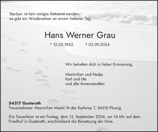 Traueranzeige von Hans Werner Grau von trierischer_volksfreund