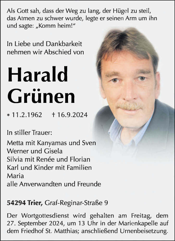  Traueranzeige für Harald Grünen vom 21.09.2024 aus trierischer_volksfreund