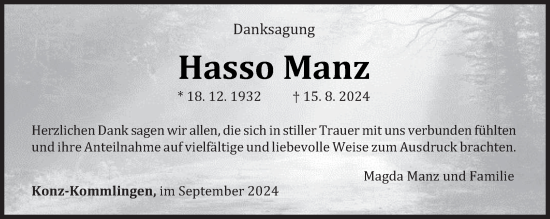 Traueranzeige von Hasso Manz von trierischer_volksfreund