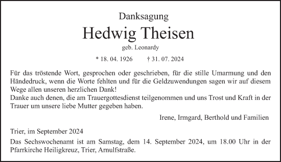Traueranzeige von Hedwig Theisen von trierischer_volksfreund