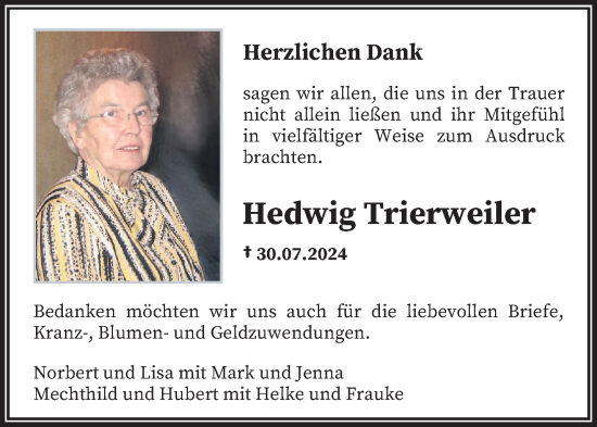 Traueranzeige von Hedwig Trierweiler von trierischer_volksfreund