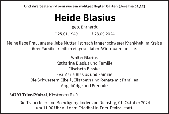 Traueranzeige von Heide Blasius von trierischer_volksfreund