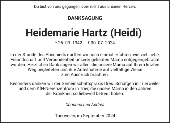 Traueranzeige von Heidemarie Hartz von trierischer_volksfreund