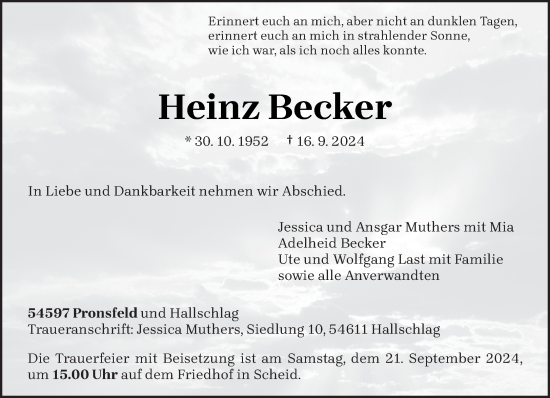 Traueranzeige von Heinz Becker von trierischer_volksfreund