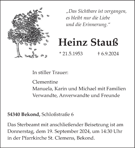 Traueranzeige von Heinz Stauß von trierischer_volksfreund