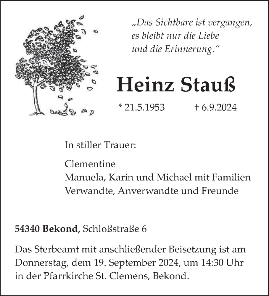  Traueranzeige für Heinz Stauß vom 14.09.2024 aus trierischer_volksfreund